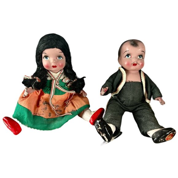 Mexican Dolls Pair in Traditional Costumes Vintage 1930s Ceramic 9" tall each - Picture 8 of 16
